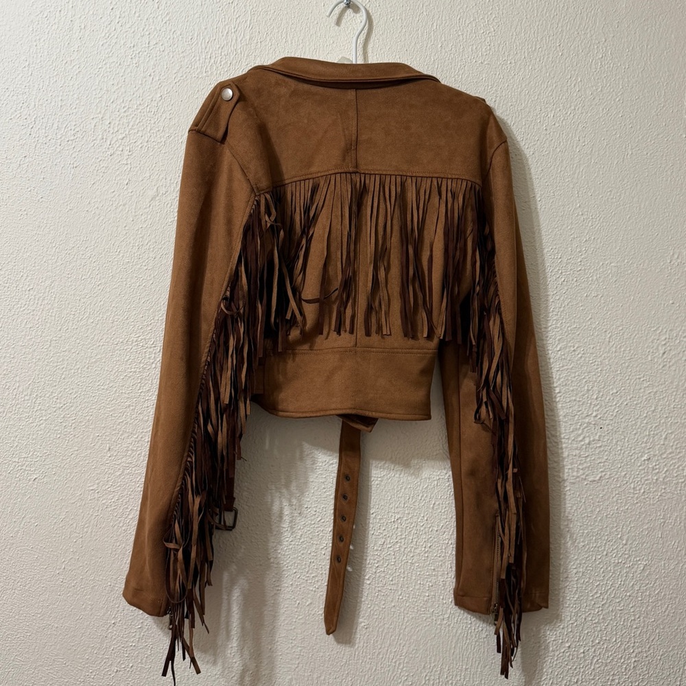 NWOT Vintage Style Brown Belted Faux Suede Fringe Moto Jacket Western Brass 70s